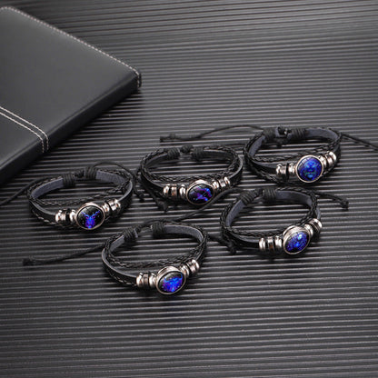 12 Zodiac Constellation Luminous Bracelet | Handmade Braided Leather Astrology Bracelet | Glow-in-the-Dark Birthday Gift for Men, Women & Kids