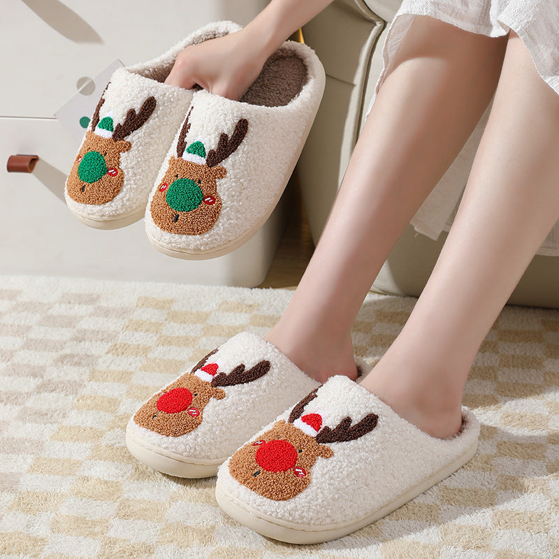 Christmas Elk Winter Home Slippers | Soft Cozy Reindeer Bedroom Shoes | Plush Slip-On House Slippers for Men & Women | Warm Holiday Indoor Footwear