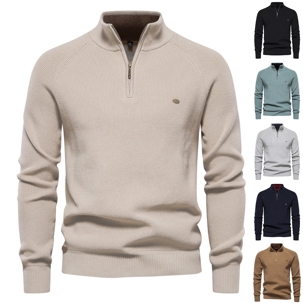 Men's Zipper Stand Collar Knitted Sweater Fashion Slim Solid Color Long Sleeve Half Turtleneck Top Men's Clothing