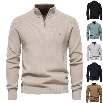 Men's Zipper Stand Collar Knitted Sweater Fashion Slim Solid Color Long Sleeve Half Turtleneck Top Men's Clothing