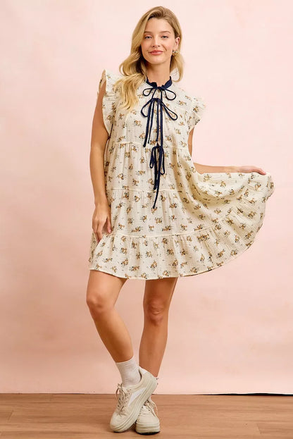BiBi Floral Multi-tierd Dress With Ruffles And Front Tie