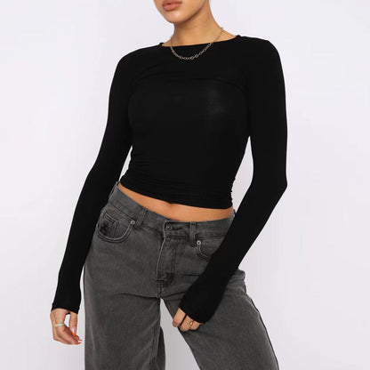 Women’s Fashion Slim-Fit Long-Sleeved Pullover | Elegant Solid Color Casual Fit Shirt | Modern Crew Neck Ribbed Base Layer | Trendy Body-Hugging Autumn Top | 2026 Minimalist Everyday Fashion Staple