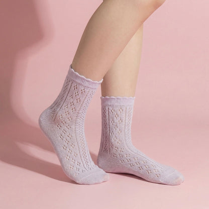 Anna-Kaci 4 Pairs Women's Lace Knit Crew Socks Lightweight Breathable Mesh Style with Elastic Cuff in Assorted Patterns
