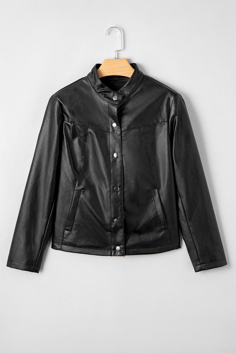 Threaded Pear Olive Faux Leather Buttoned Front Boxy Jacket