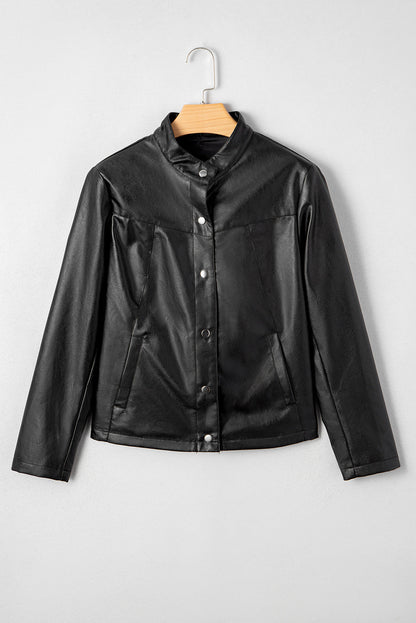 Threaded Pear Olive Faux Leather Buttoned Front Boxy Jacket