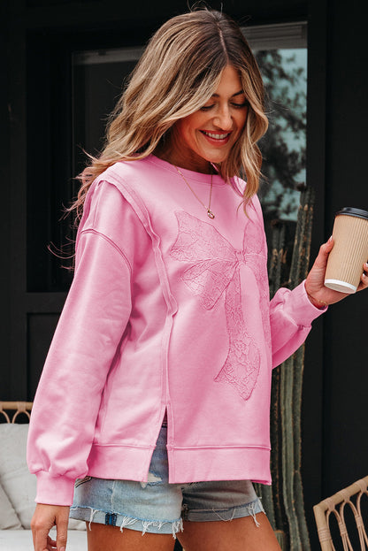 Threaded Pear Brianna Lace Bow Embroidered Exposed Seam Sweatshirt