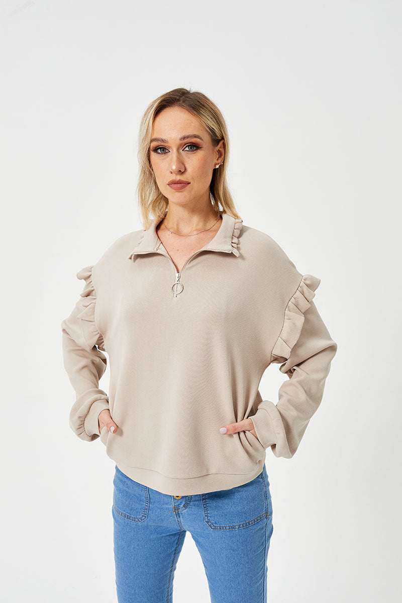Women’s Casual Ruffle Trim Half-Zip Sweatshirt | Trendy Frill Detail Quarter-Zip Pullover | Elegant Long Sleeve Sporty Sweatshirt | Modern Loose Fit Ruffled Jumper | 2026 Stylish Fall/Winter Streetwear