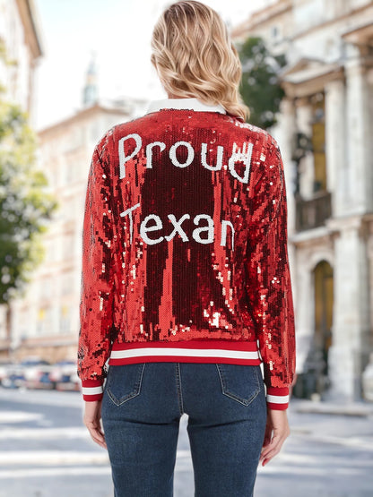 Sequin American Flag Bomber Zip-Up Jacket Flag