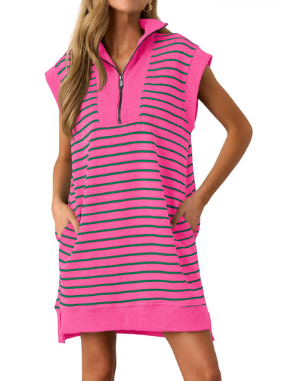 Women's Striped Casual Zipper Cap Sleeve Mini Dress