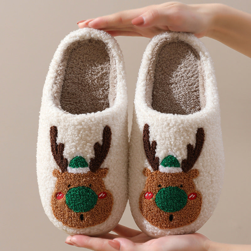 Christmas Elk Winter Home Slippers | Soft Cozy Reindeer Bedroom Shoes | Plush Slip-On House Slippers for Men & Women | Warm Holiday Indoor Footwear