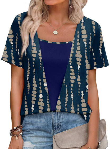 Womens Trendy 2 in 1 Blouses Short Sleeve Shirts Casual Beach Vacation Clothes