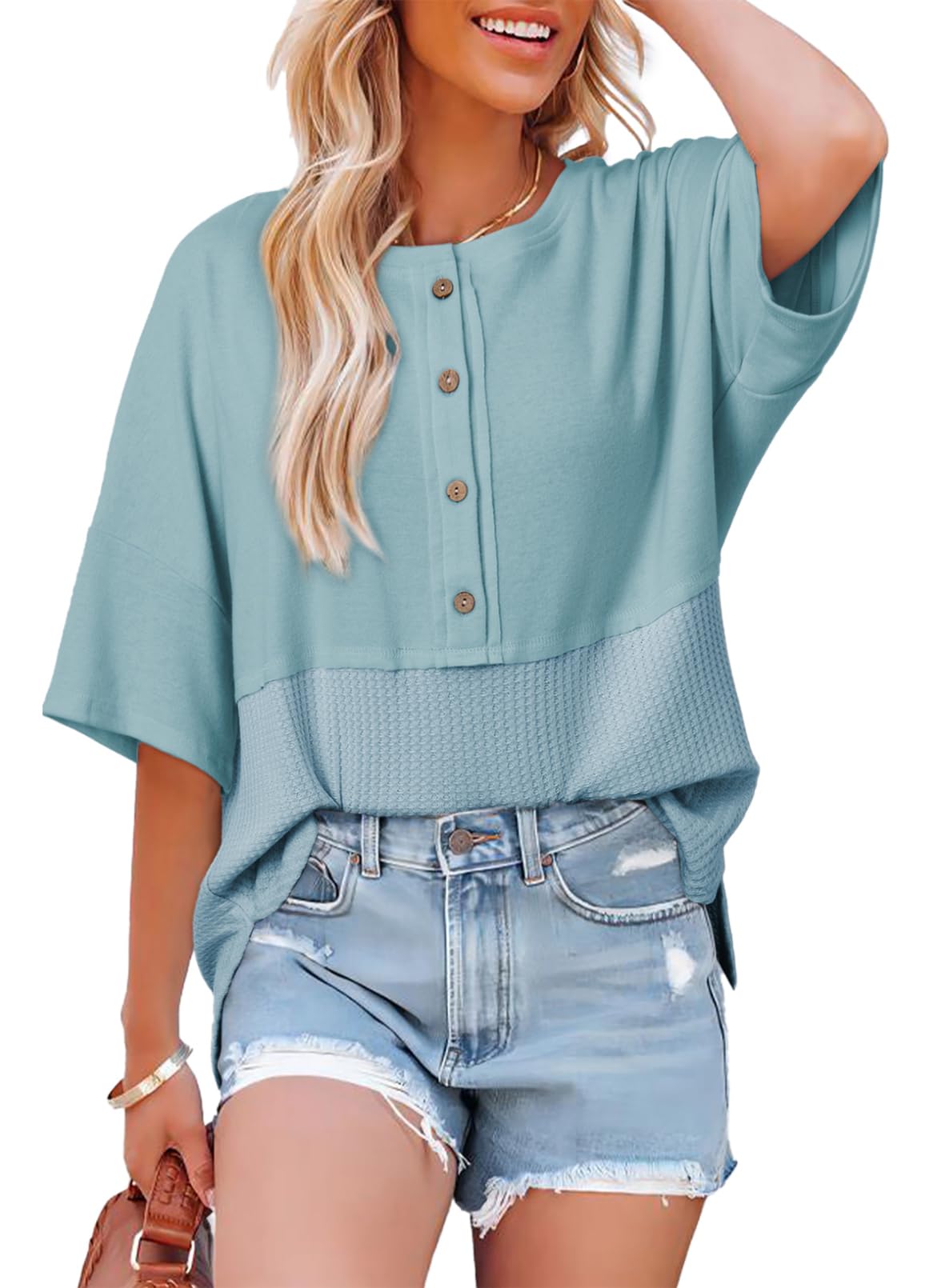 ✨Women's 3/4 Sleeve Casual Button Down Waffle Knit Tops