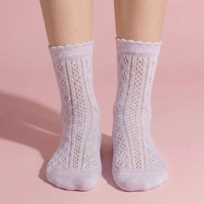 Anna-Kaci 4 Pairs Women's Lace Knit Crew Socks Lightweight Breathable Mesh Style with Elastic Cuff in Assorted Patterns