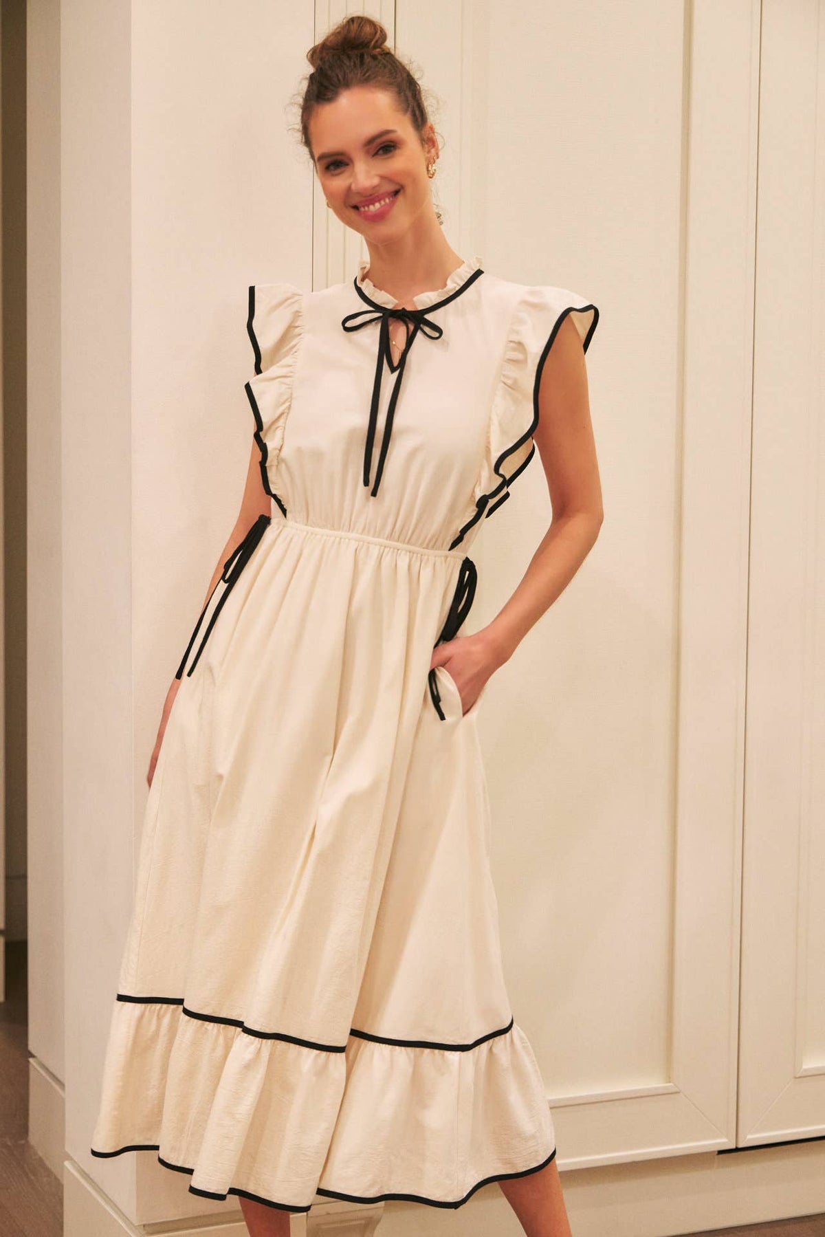 Annie- Cotton Gauze Midi Dress With Ruffles and Contrast Binding