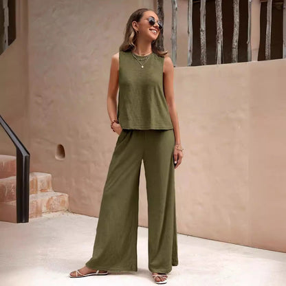 Women’s Solid Color Casual Loose Pants Set | Elegant Spring Summer Two-Piece Suit | High-Sense Breathable Full Trouser Set | Trendy Minimalist Wide-Leg Female Outfit | 2026 High-Fashion Relaxed Fit Co-ord Set