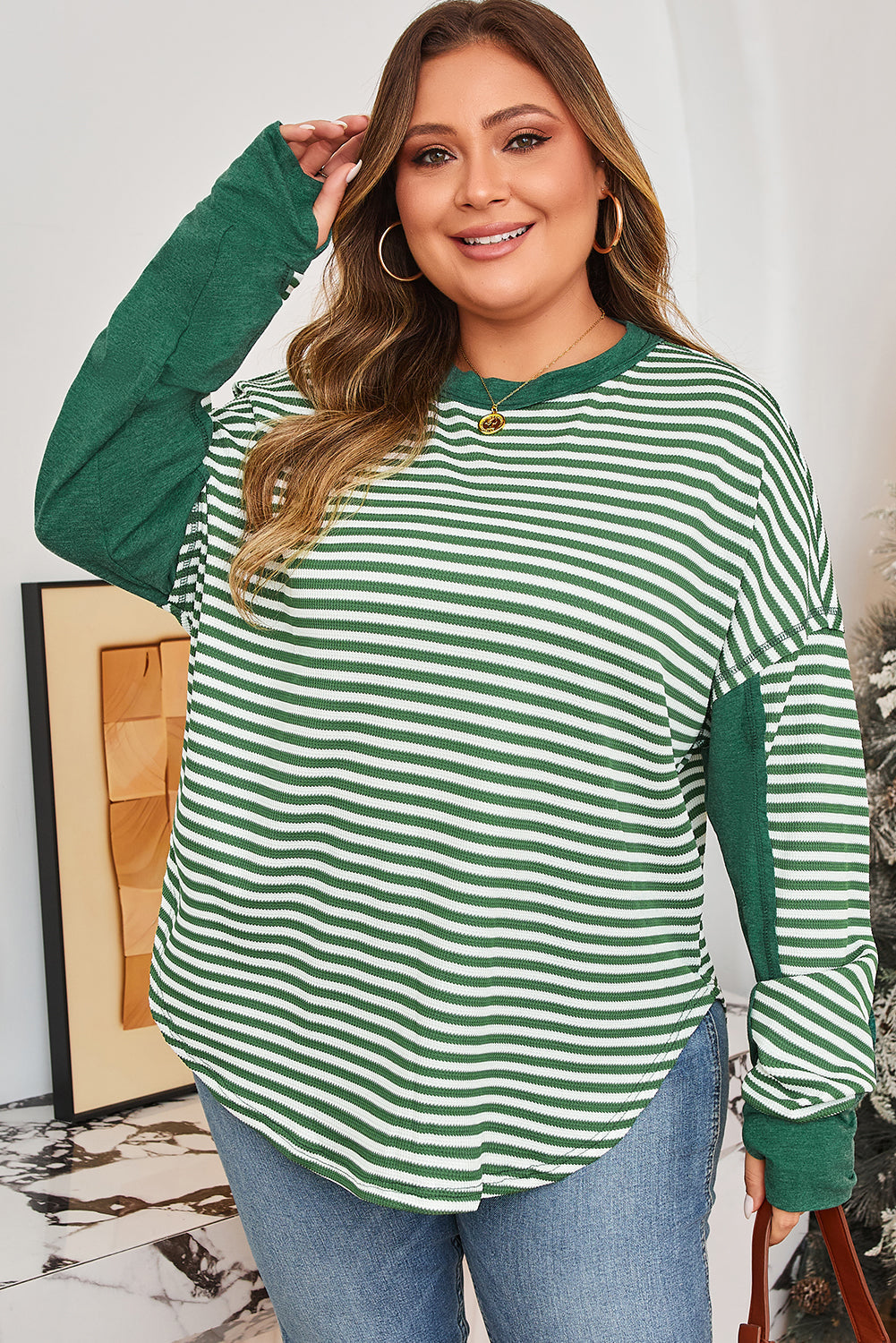 Threaded Pear Green Stripe Exposed Seam Patchwork Plus Size Thermal Top