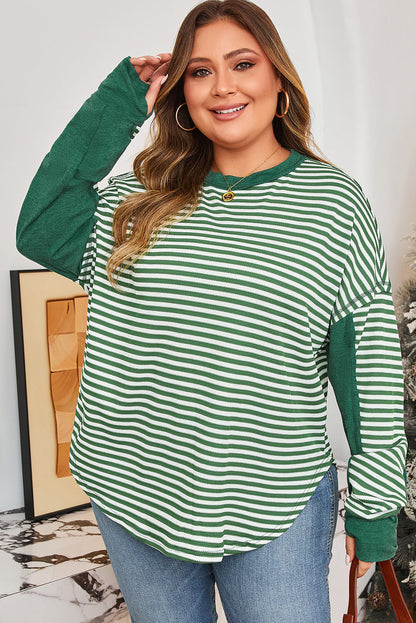 Threaded Pear Green Stripe Exposed Seam Patchwork Plus Size Thermal Top