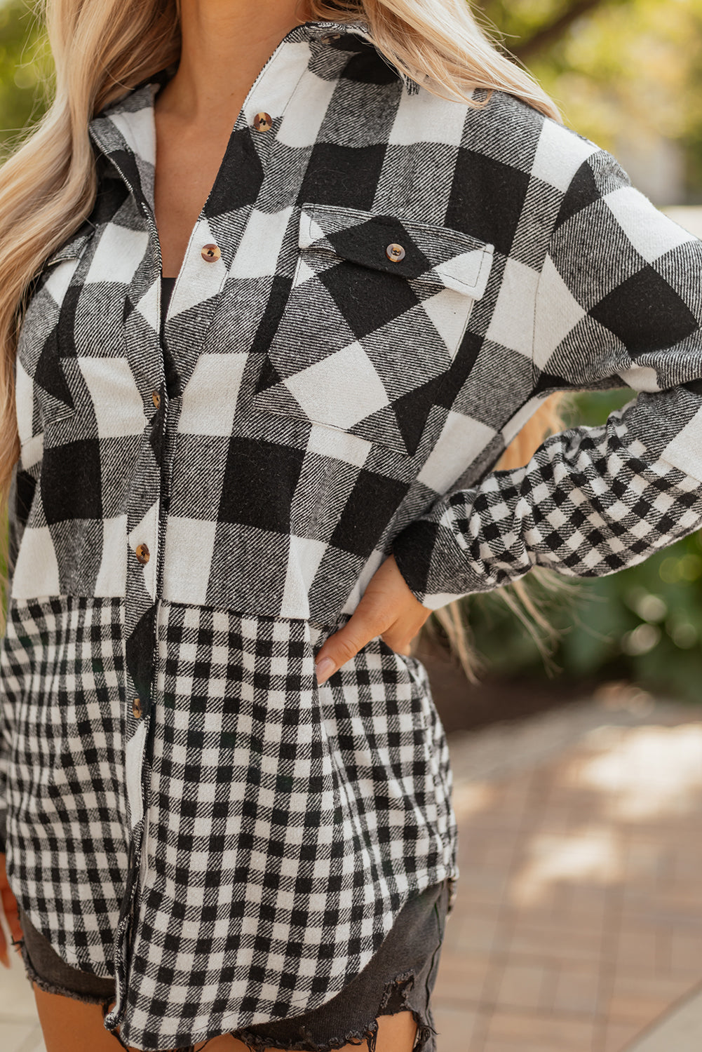 Threaded Pear Cecelia Patchwork Drawstring Hooded Shacket