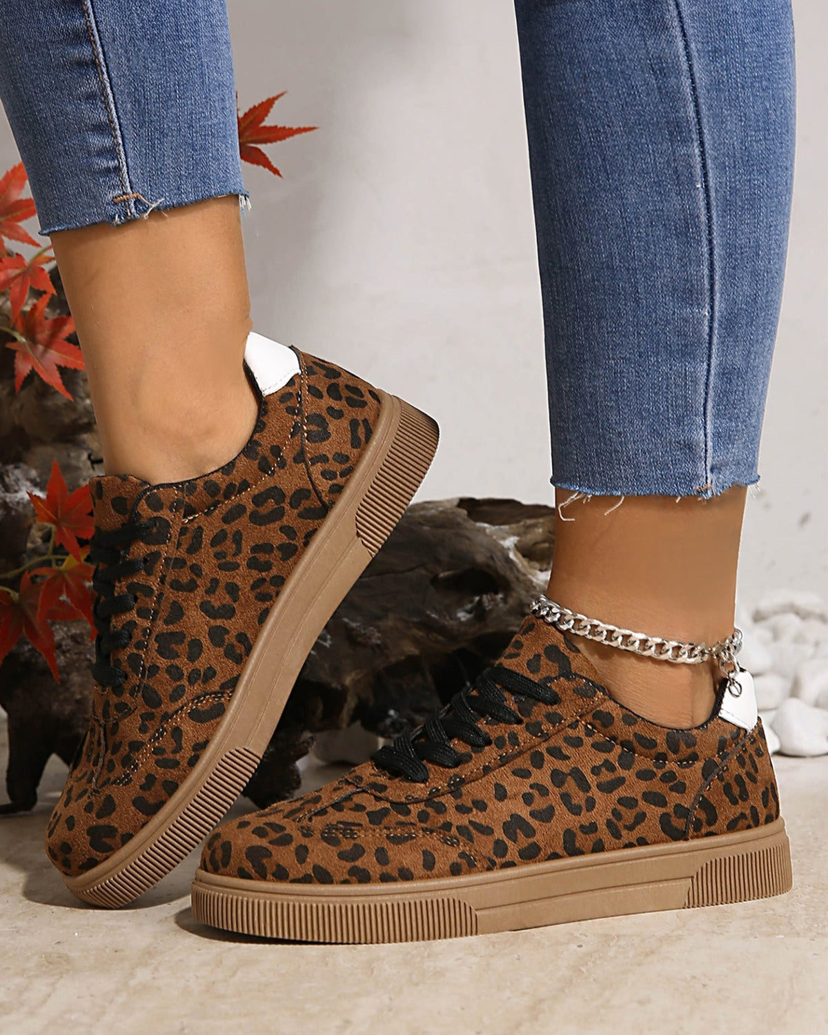 Coffee Leopard Print Contrast Heel Tab Sneaker
