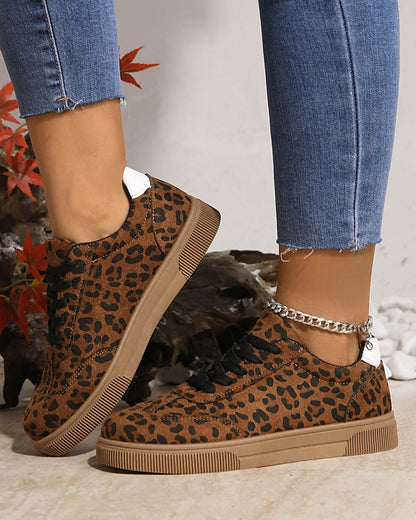 Coffee Leopard Print Contrast Heel Tab Sneaker