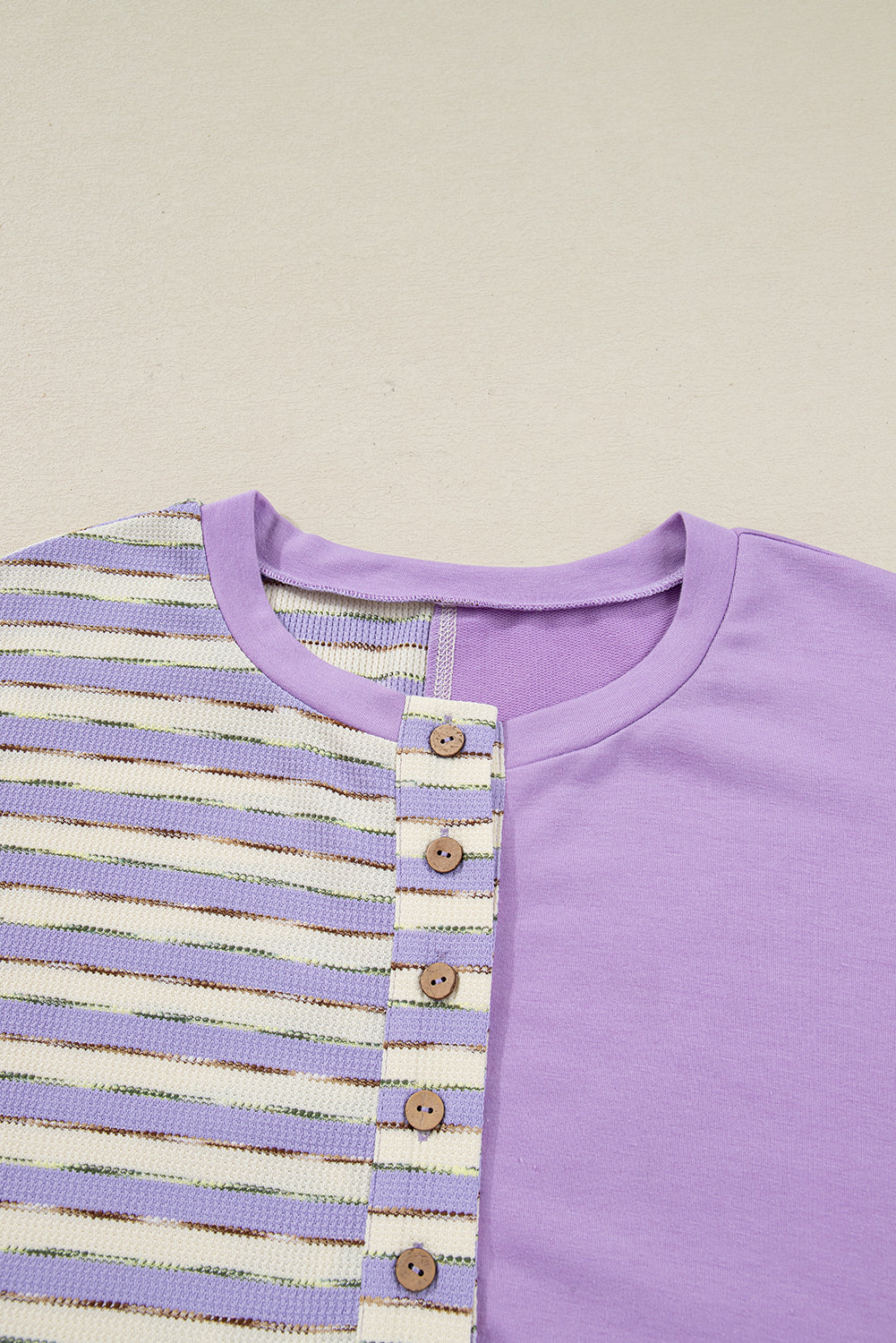 Threaded Pear Purple Stripe Patchwork Buttoned Drop Shoulder Plus Size Pullover