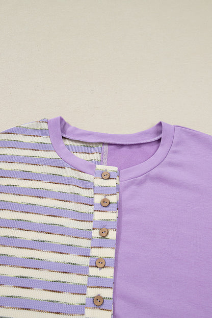 Threaded Pear Purple Stripe Patchwork Buttoned Drop Shoulder Plus Size Pullover