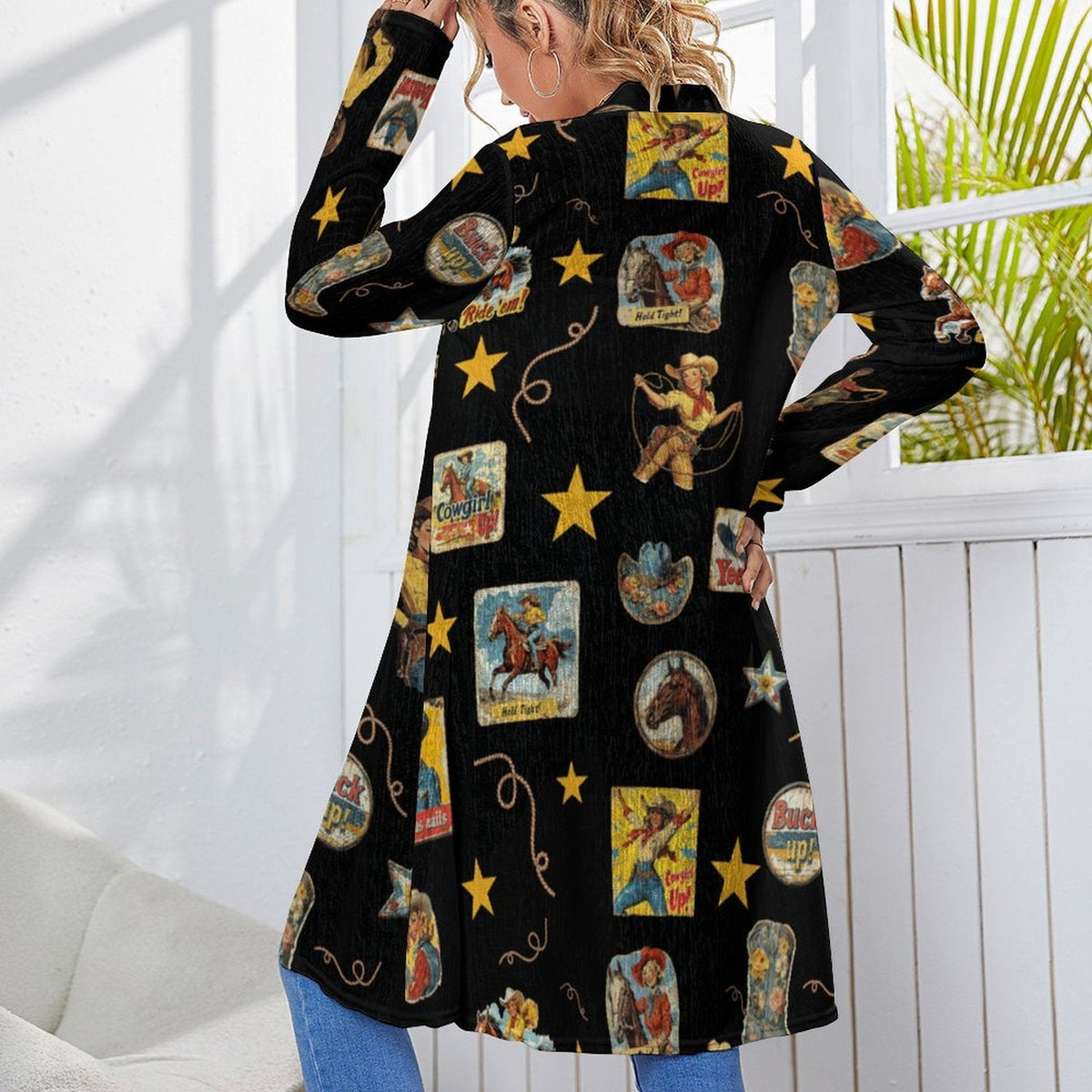 Baha Ranch Vintage Cowgirl Collage Western Lightweight Cardigan