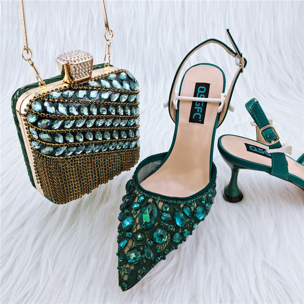 Luxury Ladies Party Sandals & Diamond Clutch Set | Sparkling Rhinestone Evening Heels & Matching Bag | Glamorous Wedding Party Footwear & Accessory Suite | "Iced-Out" Gala Duo