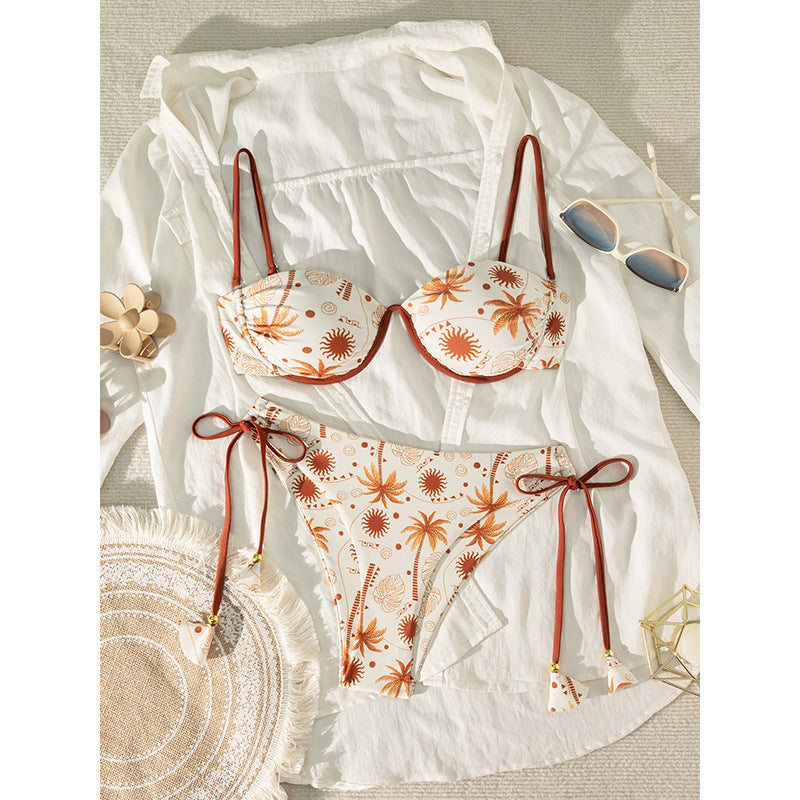 Coconut Tree Print Two-Piece Swimwear for Women, Sexy Tie-up Bikini for Beach and Hot Spring
