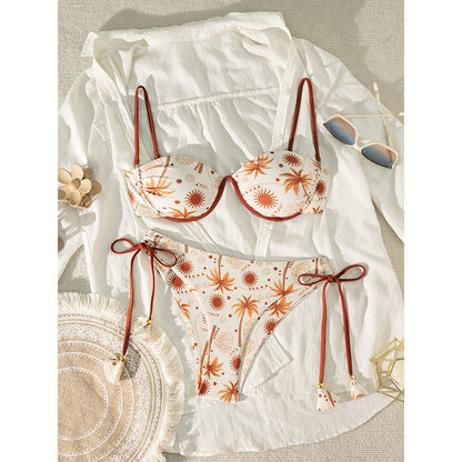 Coconut Tree Print Two-Piece Swimwear for Women, Sexy Tie-up Bikini for Beach and Hot Spring