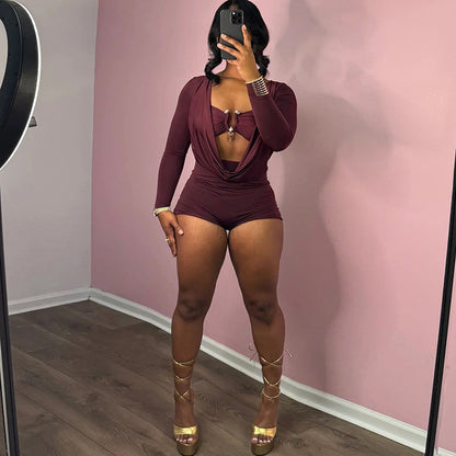 Spring Summer New Individual Street Deep V Low Cut Solid Color Slim Fit Bodycon Jumpsuit
