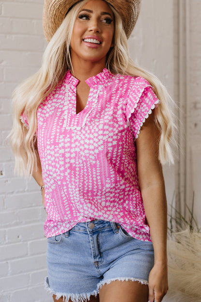 Threaded Pear Cynthia Ric Rac Trim Flutter Sleeve Notch V Neck Blouse