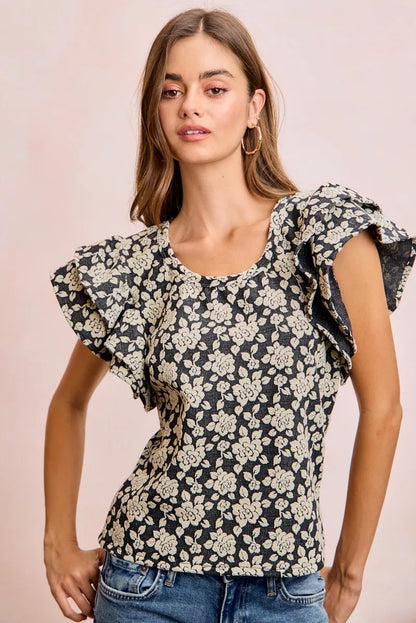 BiBi Floral Jacquard Ruffle Sleeves Knit Top