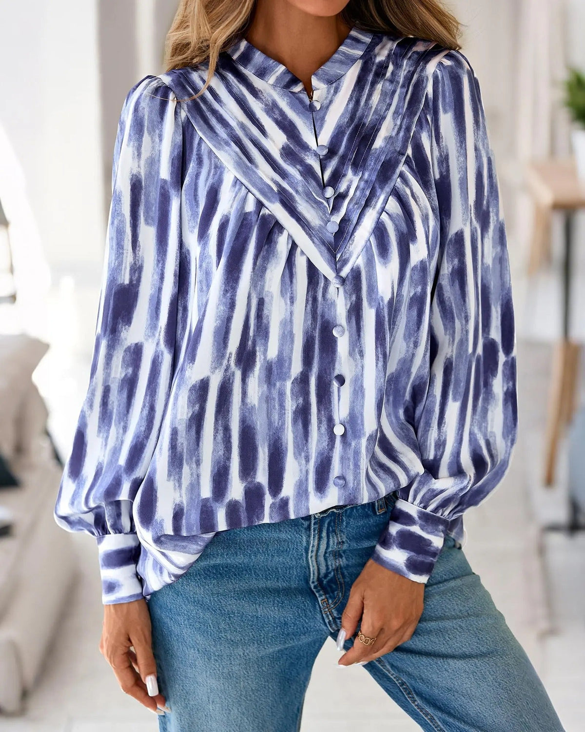 Women's Boho Floral V-Neck Half Button Down Blouse