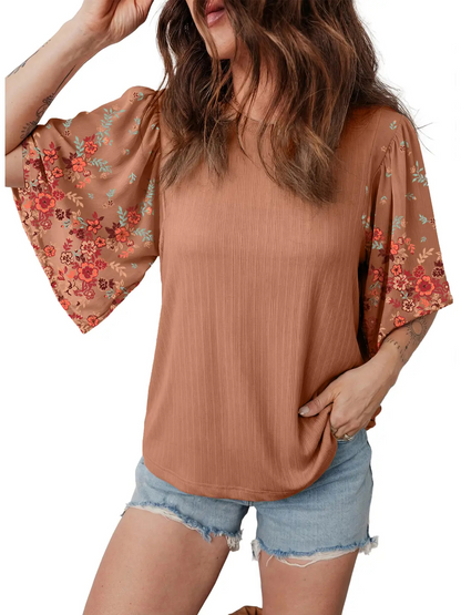 Women's Boho Floral Patchwork 3/4 Sleeve Blouse