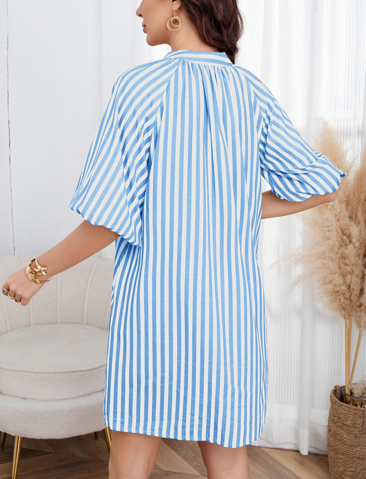 Women Mini Dress Summer Striped Beach Vacation 3/4 Sleeve Boho Chic Dress