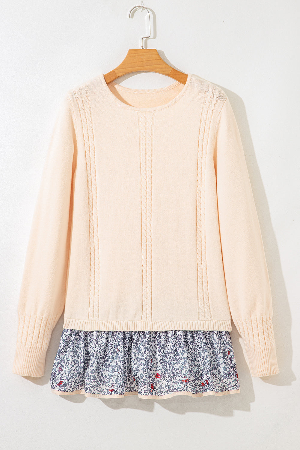 Threaded Pear Mary Cable Texture Bohemian Ruffle Hem Sweater