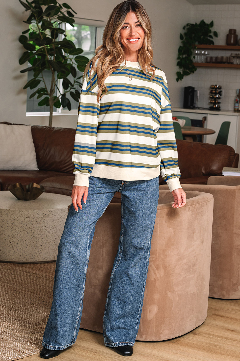 Threaded Pear Rose Stripe Crew Neck Pullover Sweatshirt