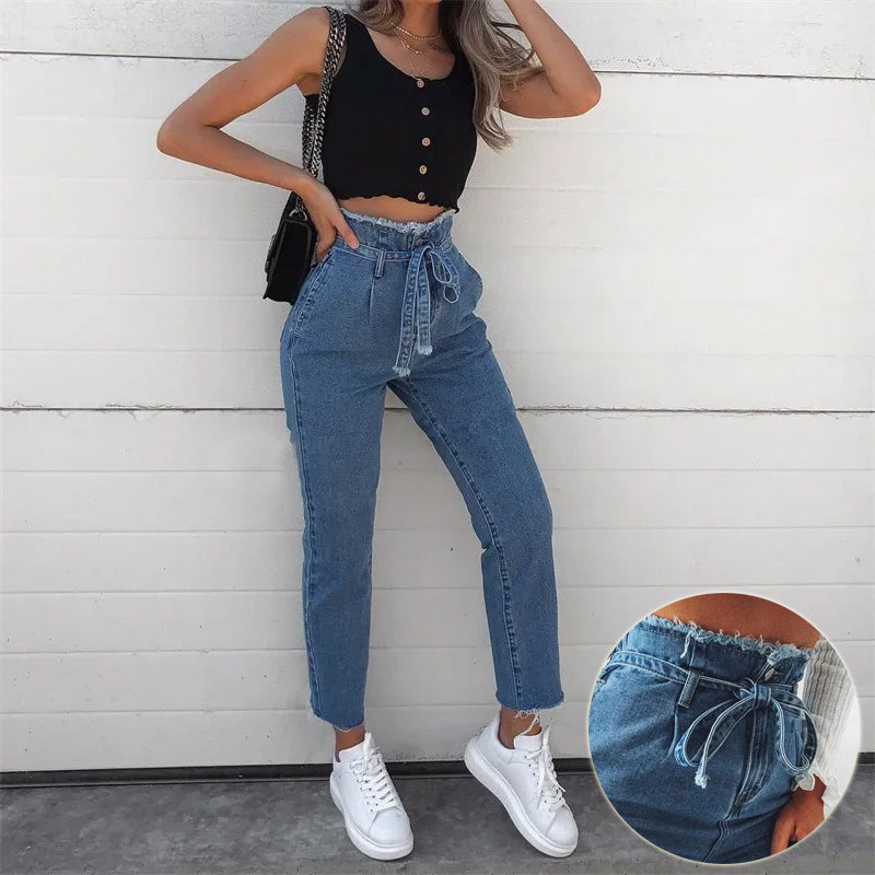 High-Waisted Washed Pencil Jeans | European & American Temperament Denim | Plus Size Slimming Stretch Pencil Pants | Spring Fashion Washed Denim for Women
