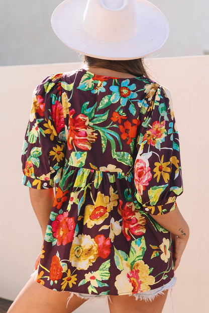Threaded Pear Adhara Flower Embroidered Trim Half Sleeve Blouse