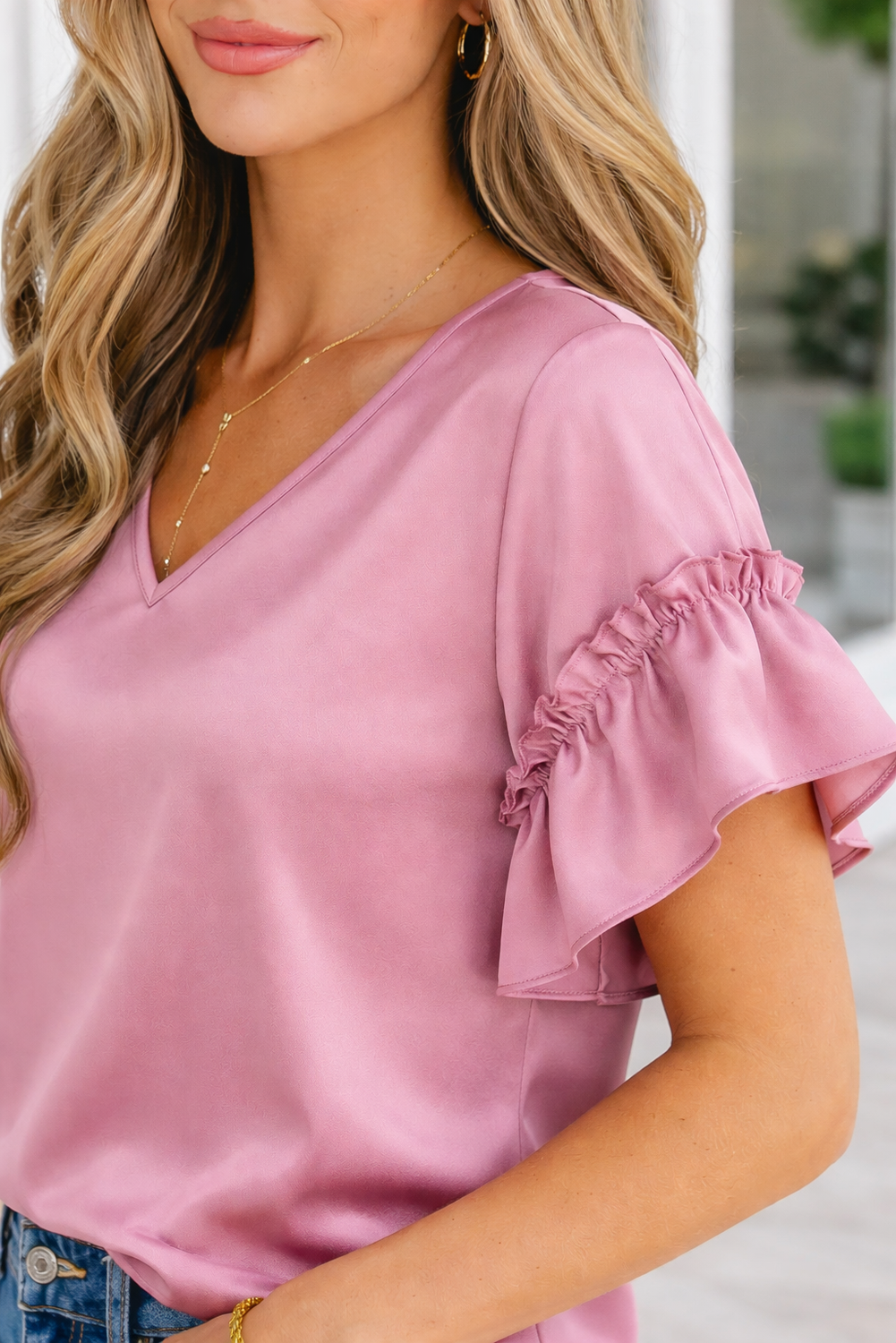 Threaded Pear Ruth Satin Ruffle Sleeve Top