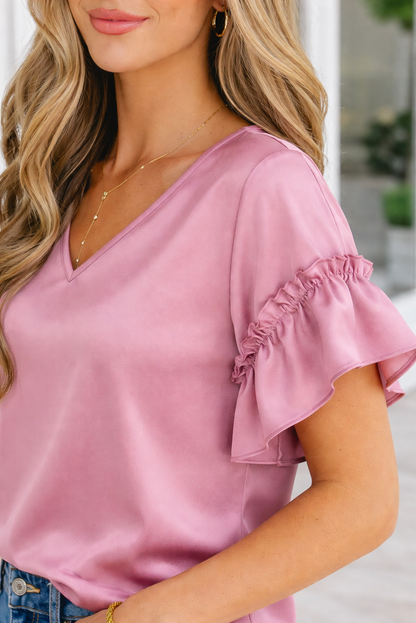 Threaded Pear Ruth Satin Ruffle Sleeve Top