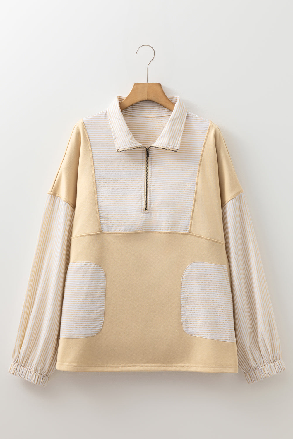 Threaded Pear Khaki Stripe Mix Half Zip French Terry Plus Size Sweatshirt