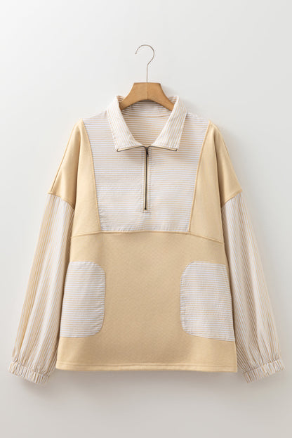 Threaded Pear Khaki Stripe Mix Half Zip French Terry Plus Size Sweatshirt