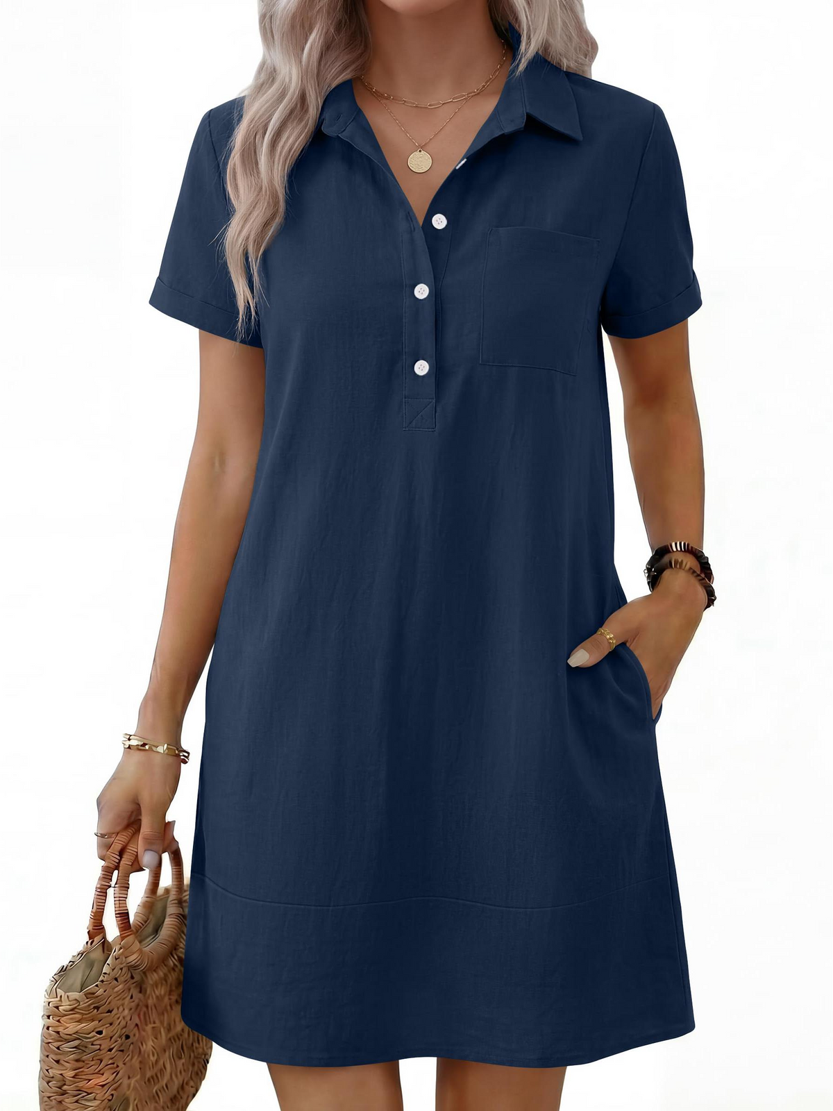 Women's Short Sleeve Button-Down Shirt Dress