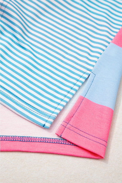 Threaded Pear Blue Stripe Colorblock Patchwork Zip up Plus Size Pullover