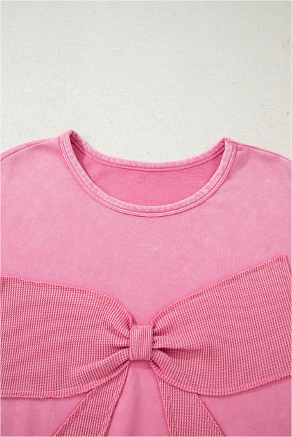 Threaded Pear Bonbon Waffle Bowknot Patchwork Graphic Mineral Wash Plus Size Sweatshirt