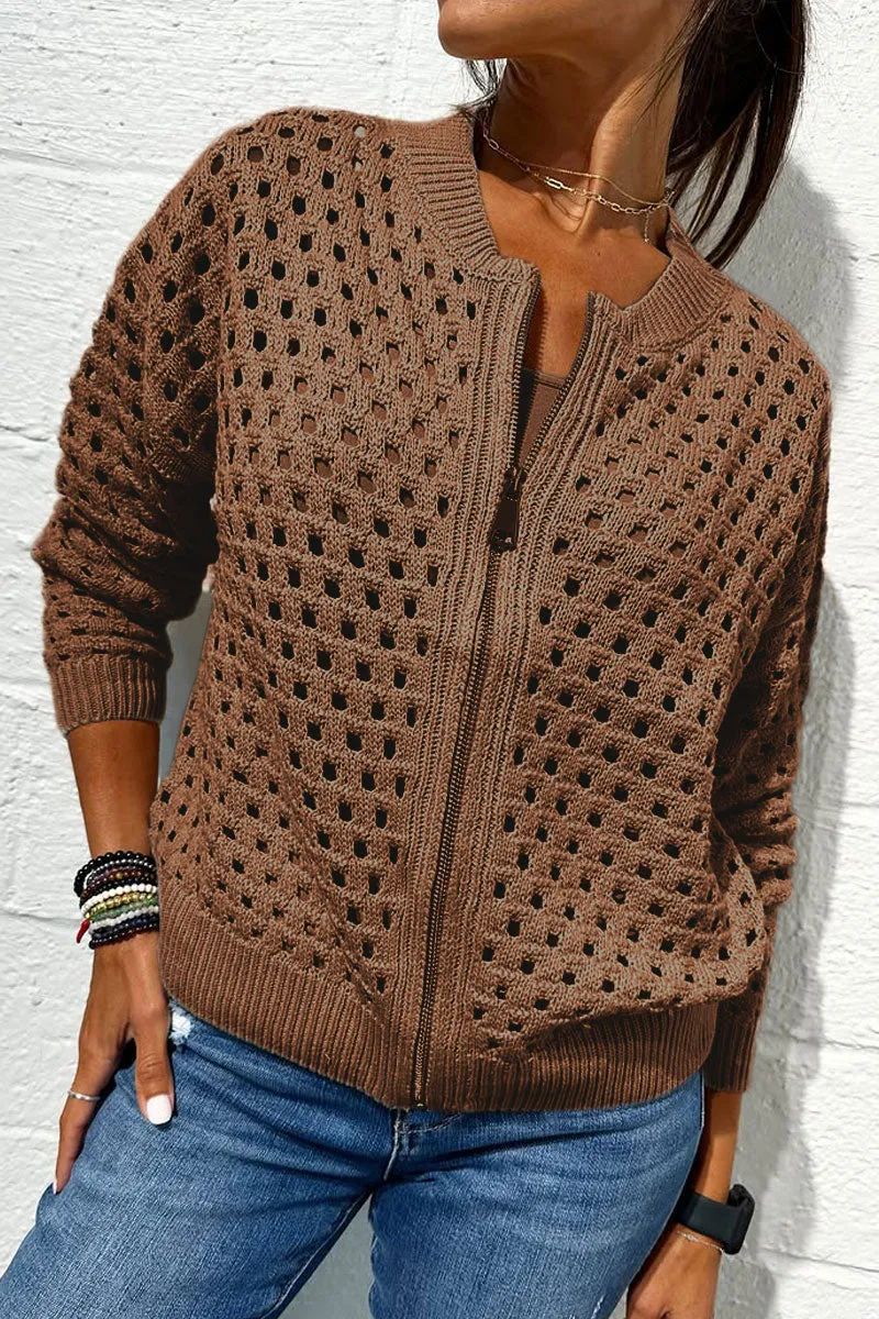 Women’s Fashion Hollow Knitted Zip-Up Jacket | Long-Sleeved Breathable Crochet Top | Trendy Lightweight Knit Cardigan | Modern Urban Layering Jacket for Women