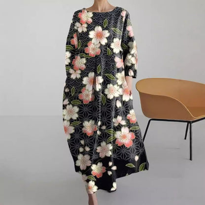 Women’s Relaxed-Fit Crew Neck Printed Midi Dress | High-End Minimalist A-Line Dress | Trendy High-Sense Casual Summer Gown | Elegant Round Neck Printed Midi | 2026 High-Fashion Statuesque Flowing Dress