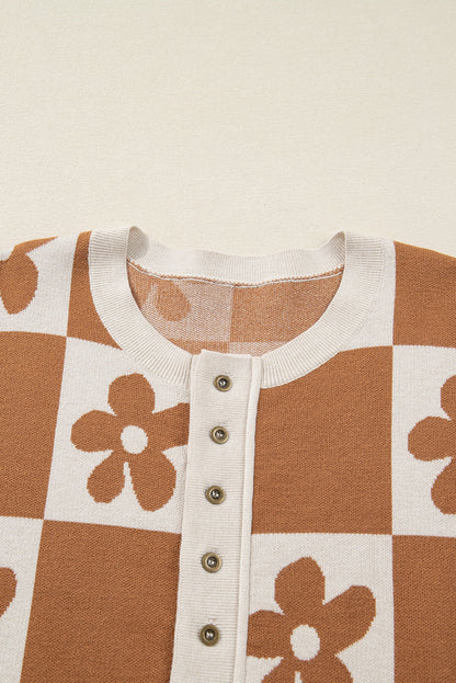 Flower Power Checkered Henley Sweater - Camel